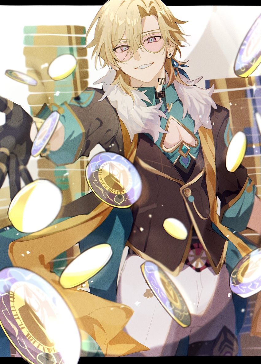 1boy aqua_shirt aventurine_(honkai:_star_rail) black_collar black_gloves blonde_hair blue_eyes bracelet cleavage_cutout clothing_cutout club_(shape) collar collared_shirt commentary_request cowboy_shot crossed_bangs earrings fur-trimmed_jacket fur_trim glasses gloves gold_trim grin hair_between_eyes half_gloves highres honkai:_star_rail honkai_(series) jacket jewelry lapels long_sleeves looking_at_viewer male_focus multicolored_eyes multiple_rings neck_tattoo outstretched_arm outstretched_hand pants parted_bangs pink-tinted_eyewear poker_chip ring shirt short_hair single_earring sleeves_rolled_up smile solo standing taru_(tofu_ta) tattoo thigh_strap tinted_eyewear violet_eyes white_pants