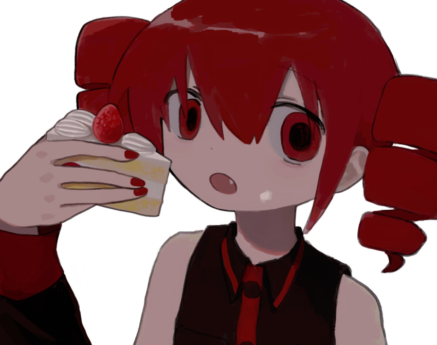 1girl bare_shoulders black_shirt black_sleeves buttons cake collared_shirt detached_sleeves drill_hair fang food food_on_face fruit hand_up highres holding holding_cake holding_food kasane_teto looking_at_viewer nail_polish open_mouth red_eyes red_nails red_trim redhead shino_(4no_0) shirt simple_background sleeveless sleeveless_shirt solo strawberry strawberry_cake twin_drills upper_body utau white_background