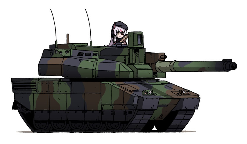 1girl arianna_foxton baguette black_beret bread camouflage caterpillar_tracks food grey_hair holding holding_food indie_virtual_youtuber karepack leclerc_(tank) military_vehicle motor_vehicle multicolored_hair pink_hair second-party_source simple_background solo tank two-tone_hair virtual_youtuber white_background yellow_eyes