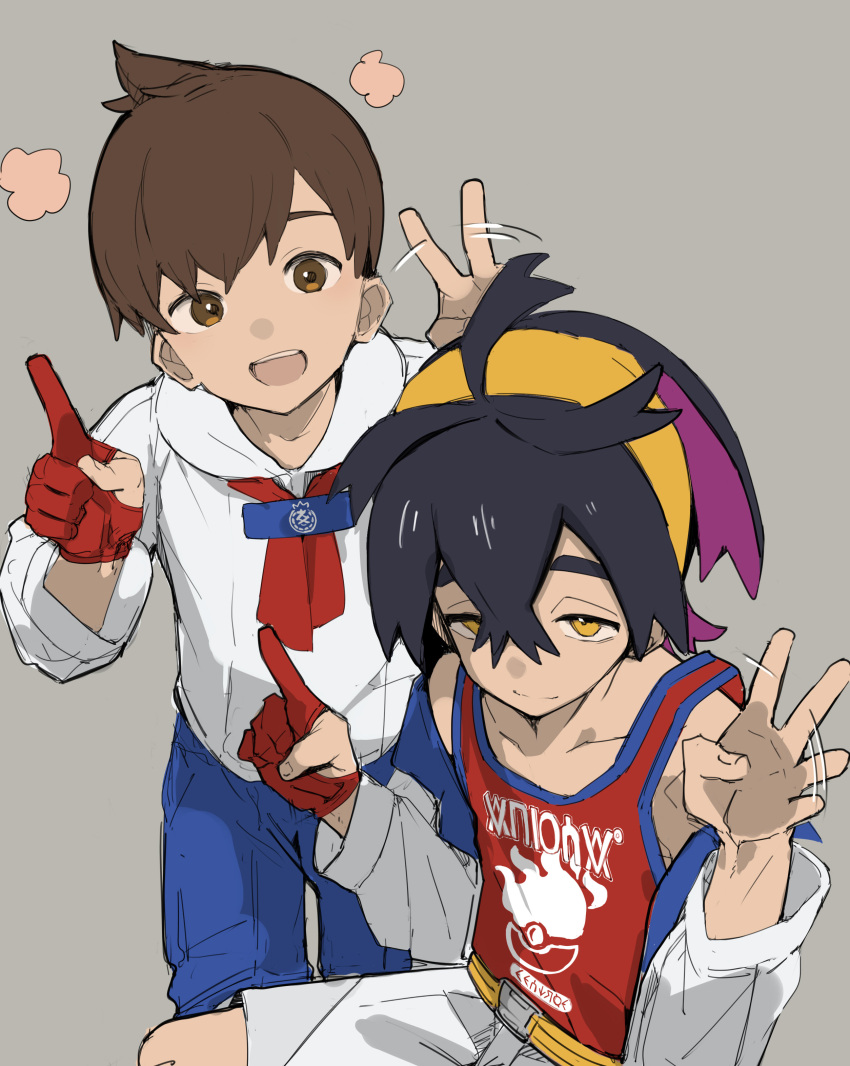 2boys absurdres black_hair blue_shorts brown_eyes brown_hair closed_mouth crossed_bangs florian_(pokemon) gloves grey_background hairband highres index_finger_raised jacket kieran_(pokemon) looking_at_viewer makimag male_focus multiple_boys open_clothes open_jacket open_mouth orange_eyes partially_fingerless_gloves pokemon pokemon_sv purple_hair red_gloves red_tank_top shirt shorts simple_background single_glove tank_top v white_shorts