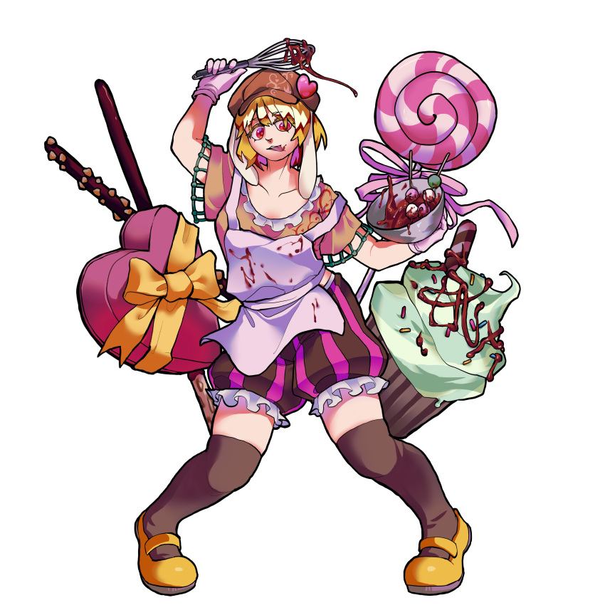 1girl absurdres animal_ears apron arm_over_head blonde_hair bowl brown_hat brown_shorts brown_thighhighs cabbie_hat cake_batter candy closed_mouth collarbone colored_inner_hair commentary_request cupcake dango floppy_ears floral_print food frilled_shirt frilled_shorts frills full_body gloves hat hat_ornament heart heart_hat_ornament highres holding holding_bowl holding_whip korean_commentary lollipop looking_at_viewer mary_janes midriff multicolored_hair open_mouth oversized_food oversized_object pink_eyes puffy_shorts rabbit_ears ringo_(touhou) sanshoku_dango shirt shoes short_hair short_sleeves shorts simple_background smile solo stain striped_clothes striped_shorts swirl_lollipop teeth thigh-highs tongue touhou upper_teeth_only valentine vertical-striped_clothes vertical-striped_shorts wagashi waiwa_way white_apron white_background white_gloves yellow_footwear yellow_shirt yellow_sleeves