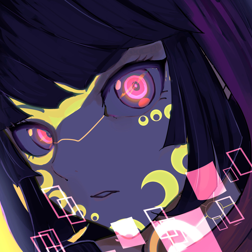 1girl absurdres black_hair blue_hair close-up crescent crescent_facial_mark facial_mark glowing glowing_eyes highres looking_at_viewer metallic_rouge miura_koo neon_palette parted_lips pink_eyes portrait purple_hair rouge_redstar solo