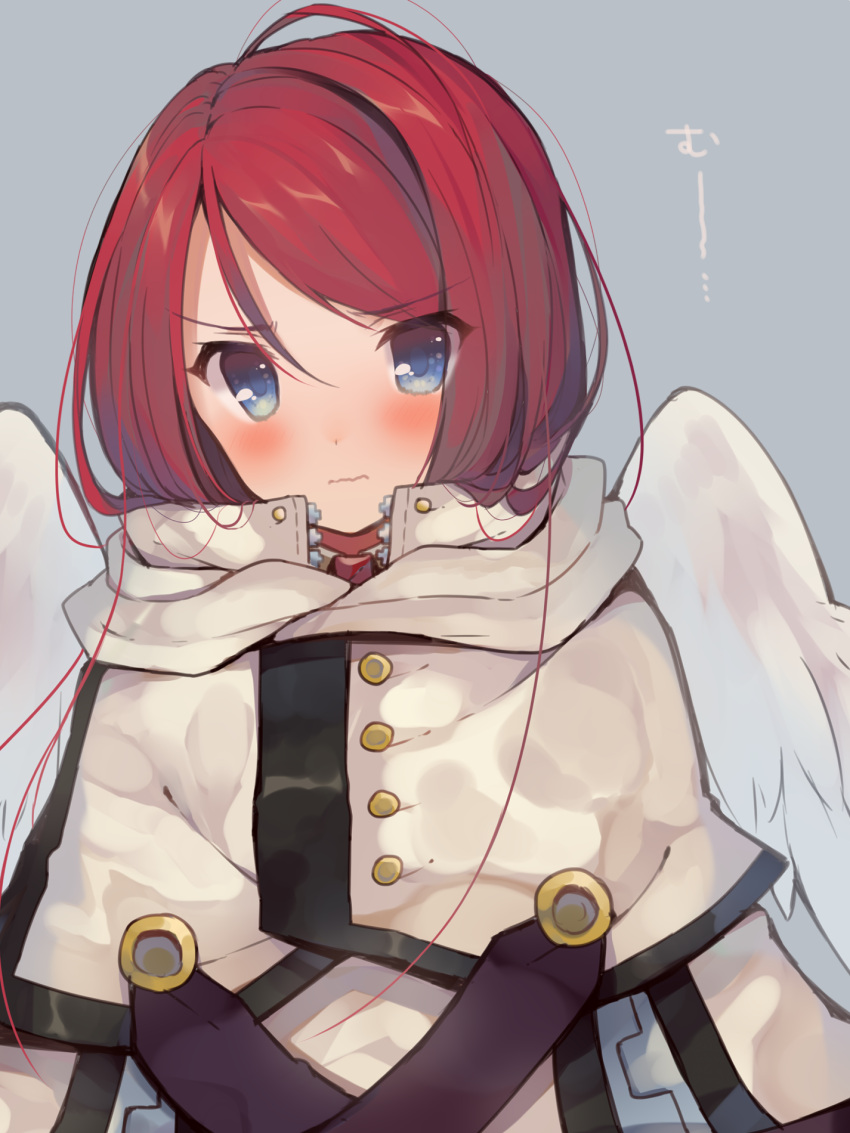 1girl angel_wings blue_background blue_eyes blush buttons capelet character_request closed_mouth collared_capelet commentary_request copyright_request embarrassed eyelashes feathered_wings furrowed_brow high_collar highres long_sleeves looking_at_viewer loose_hair_strand medium_hair necktie red_necktie redhead scarf simple_background solo upper_body usamata wavy_mouth white_capelet white_scarf white_sleeves white_tunic white_wings wings zipper