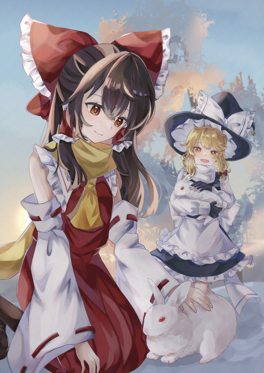 2girls absurdres animal_hug apron ascot back_bow black_gloves black_skirt blonde_hair bow braid brown_eyes brown_hair closed_mouth commentary_request detached_sleeves fingerless_gloves frilled_bow frilled_hair_tubes frills gloves hair_bow hair_tubes hakurei_reimu hat hat_bow highres kirisame_marisa kyarin_(c_arin1012) long_hair long_sleeves multiple_girls open_mouth petting rabbit red_bow red_skirt ribbon-trimmed_sleeves ribbon_trim scarf side_braid single_braid skirt skirt_set smile snow touhou waist_apron white_apron white_bow witch_hat yellow_ascot yellow_eyes yellow_scarf