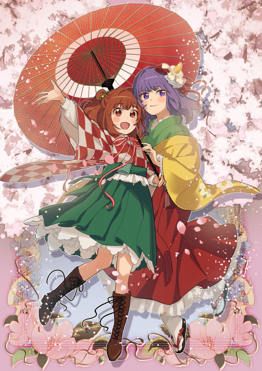 2girls :d absurdres arm_up bell blush boots border brown_eyes brown_footwear checkered_clothes checkered_kimono cherry_blossoms closed_mouth commentary_request cross-laced_footwear floral_background flower frilled_skirt frills green_kimono green_skirt hair_bell hair_flower hair_intakes hair_ornament hair_ribbon hieda_no_akyuu highres holding holding_umbrella japanese_clothes jingle_bell kimono knee_boots lace-up_boots leg_up long_skirt long_sleeves medium_hair medium_skirt motoori_kosuzu multiple_girls neck_ribbon open_mouth orange_hair ornate_border outstretched_arm pink_background purple_hair red_kimono red_ribbon red_skirt ribbon sandals shirt skirt smile socks touhou two-tone_kimono two_side_up umbrella violet_eyes white_flower white_kimono white_shirt white_socks yellow_kimono yokujitsu