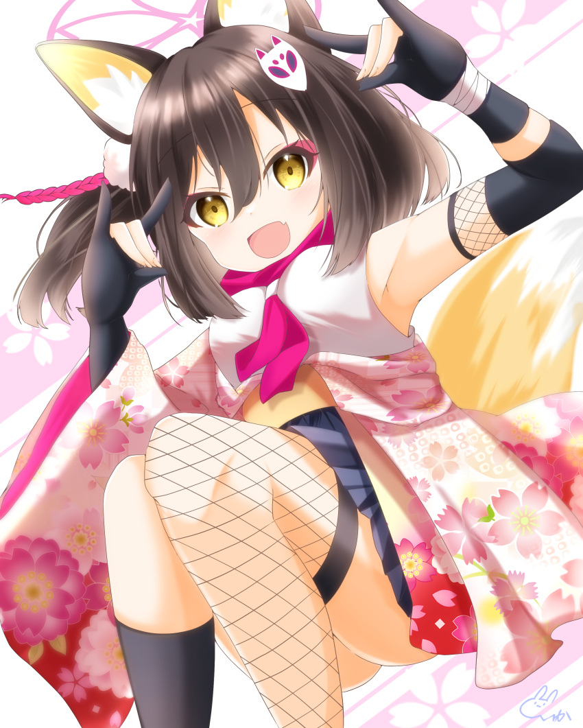 1girl :d absurdres animal_ear_fluff animal_ears armpits asymmetrical_legwear black_gloves black_socks blue_archive blush brown_hair cherry_blossom_print commentary_request double_fox_shadow_puppet dutch_angle eyeshadow fang fishnet_thighhighs fishnets floating_hair floral_print fox_ears fox_girl fox_mask fox_shadow_puppet fox_tail gloves hair_between_eyes halo hands_up happy highres izuna_(blue_archive) japanese_clothes kimono kneehighs knees_together_feet_apart looking_at_viewer makeup mask mask_on_head medium_hair mismatched_legwear neckerchief one_side_up open_mouth partially_fingerless_gloves pink_halo pink_kimono pink_neckerchief print_kimono shiika_0520 shirt signature simple_background sitting skin_fang sleeveless sleeveless_shirt smile socks solo tail thigh-highs white_background white_shirt yellow_eyes