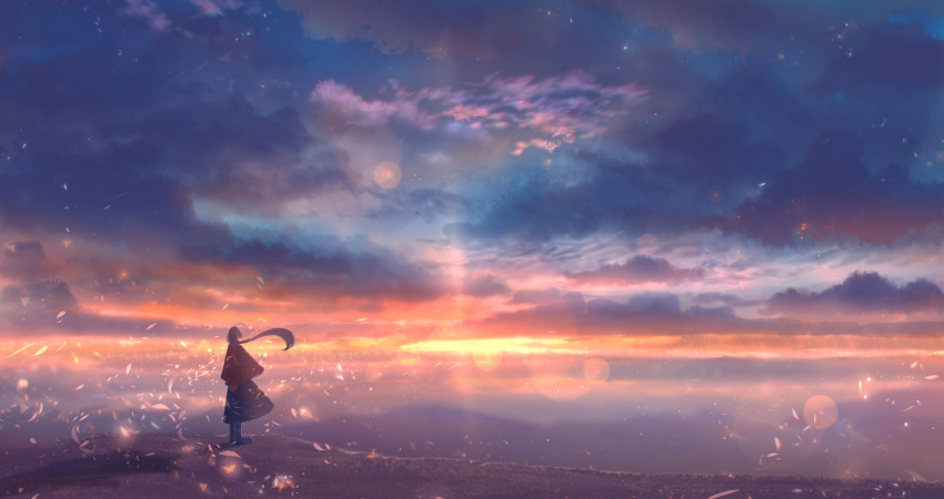 1girl ahoge capelet clouds cloudy_sky commentary_request dress fantasy from_behind highres horizon light_particles long_hair original outdoors ponytail sakimori_(hououbds) scenery sky solo standing sunset wind