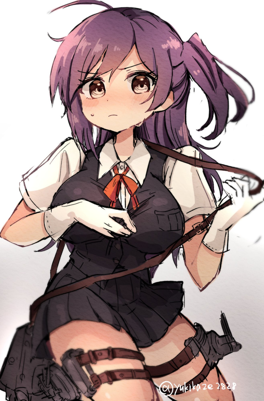 1girl ahoge belt black_jacket black_skirt breasts choker closed_mouth gloves hagikaze_(kancolle) highres jacket kantai_collection large_breasts looking_at_viewer miniskirt pleated_skirt purple_hair red_choker shirt side_ponytail simple_background skirt solo thigh_belt thigh_strap violet_eyes white_background white_gloves white_shirt yukikaze2828