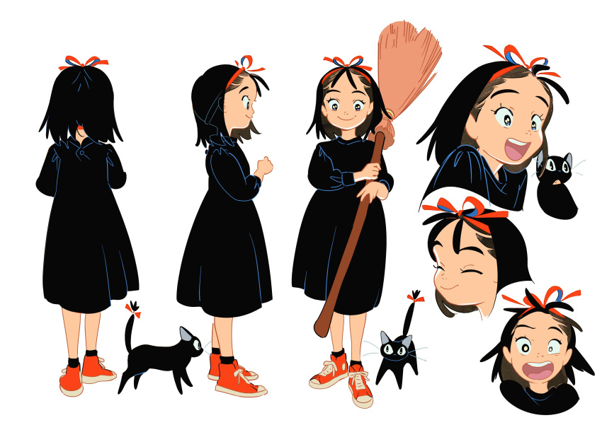 1girl :d absurdres ad ankle_socks antenna_hair asymmetrical_eyes black_cat black_dress black_eyes black_hair black_socks blue_eyes bob_cut bow bright_pupils broom cat closed_mouth commentary_request constricted_pupils dress excited expressions facing_away fang forehead from_behind from_side full_body hair_bow hair_ribbon hair_slicked_back hairband highres holding holding_broom jiji_(majo_no_takkyuubin) kiki_(majo_no_takkyuubin) kunoyoko long_sleeves looking_ahead looking_at_viewer majo_no_tabitabi mcdonald's multiple_views official_art open_mouth production_art profile red_bow red_footwear red_hairband red_ribbon reference_sheet ribbon shoes short_hair shouting simple_background smile sneakers socks solo_focus straight-on surprised tail tail_bow tail_ornament tail_raised teeth upper_teeth_only white_background wide-eyed