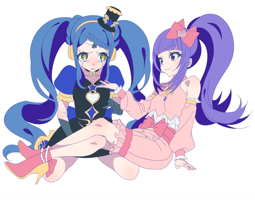 2girls anchiki_shou archived_source bad_id bad_twitter_id black_dress black_gloves blue_hair blunt_bangs blush bow braid braided_bangs closed_mouth crossed_legs crying crying_with_eyes_open detached_sleeves dress full_body garara_s_leep gloves hair_bow hanazono_shuka hat head_chain headphones high_heels highres idol_clothes idol_time_pripara long_hair looking_at_another mini_hat mini_top_hat multiple_girls open_mouth pink_bow pink_footwear pink_shirt pink_skirt ponytail pretty_series pripara puffy_short_sleeves puffy_sleeves purple_hair shirt short_sleeves simple_background sitting skirt smile symbol-shaped_pupils tears top_hat twintails very_long_hair violet_eyes white_background yellow_eyes