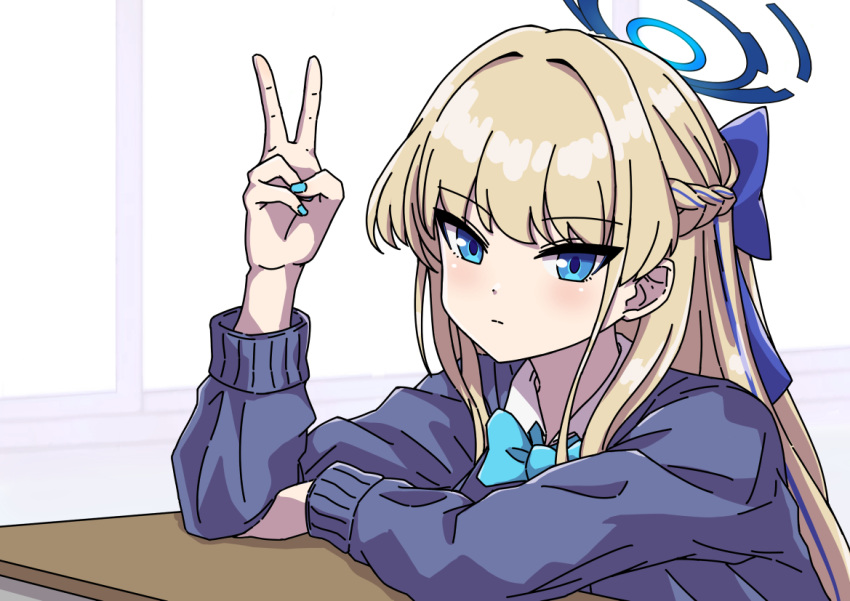 1girl aqua_bow aqua_bowtie aqua_nails blonde_hair blue_archive blue_bow blue_eyes blue_halo blue_sweater bow bowtie collared_shirt desk dot_nose elbow_rest expressionless hair_bow hair_intakes half_up_braid halo hand_up indoors kelinch1 light_blush long_hair looking_at_viewer multicolored_hair school_desk shirt sidelocks sitting streaked_hair sweater toki_(blue_archive) tsurime upper_body v white_shirt window