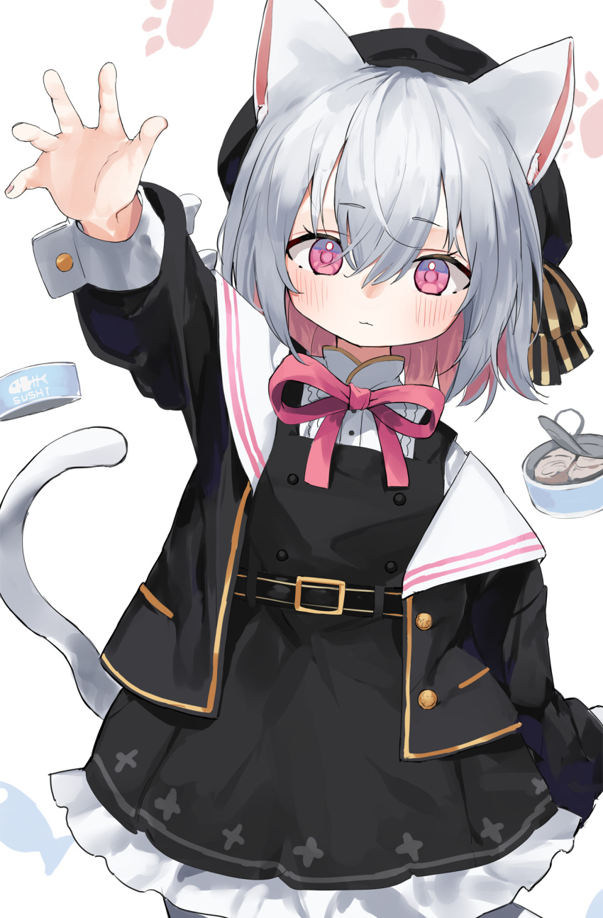 1girl :3 animal_ears arm_up belt beret black_belt black_dress black_hat blush can canned_food cat_ears cat_girl cat_tail closed_mouth colored_inner_hair dress feet_out_of_frame fish_(food) grey_hair hat hat_ribbon highres jacket long_sleeves looking_at_viewer multicolored_hair neck_ribbon off_shoulder open_clothes open_jacket pinafore_dress pink_eyes pink_hair pink_ribbon pocche-ex ribbon sayo_(voicevox) short_dress simple_background sleeveless sleeveless_dress solo standing tail voicevox white_background