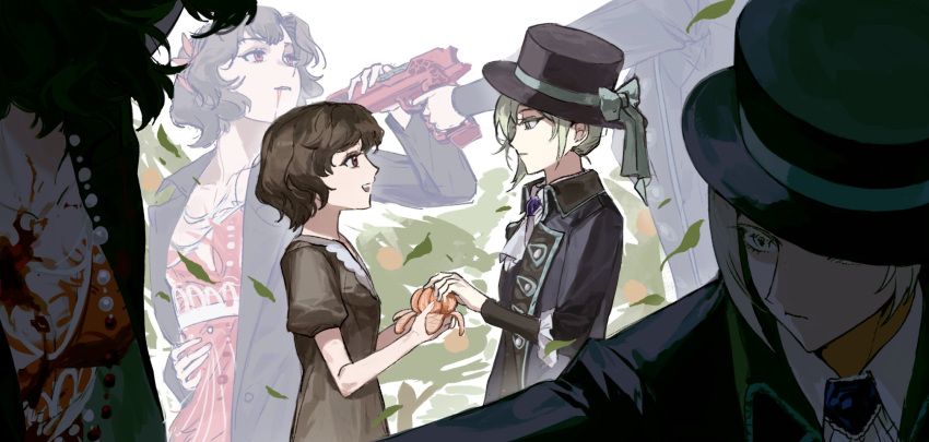 2girls aiming ascot black_coat black_hair black_hat blood blood_from_mouth blue_bow boater_hat bow coat collared_shirt dress falling_leaves feather_dress food from_side fruit giving grey_dress grey_hair gun gyeol_124 hand_up handgun hat hat_bow highres holding holding_food holding_fruit holding_gun holding_weapon leaf multiple_girls multiple_views orange_(fruit) orange_slice profile puffy_short_sleeves puffy_sleeves red_dress red_eyes reverse:1999 schneider_(reverse:1999) shirt short_hair short_sleeves time_paradox tree upper_body vertin_(reverse:1999) weapon white_ascot white_background white_shirt
