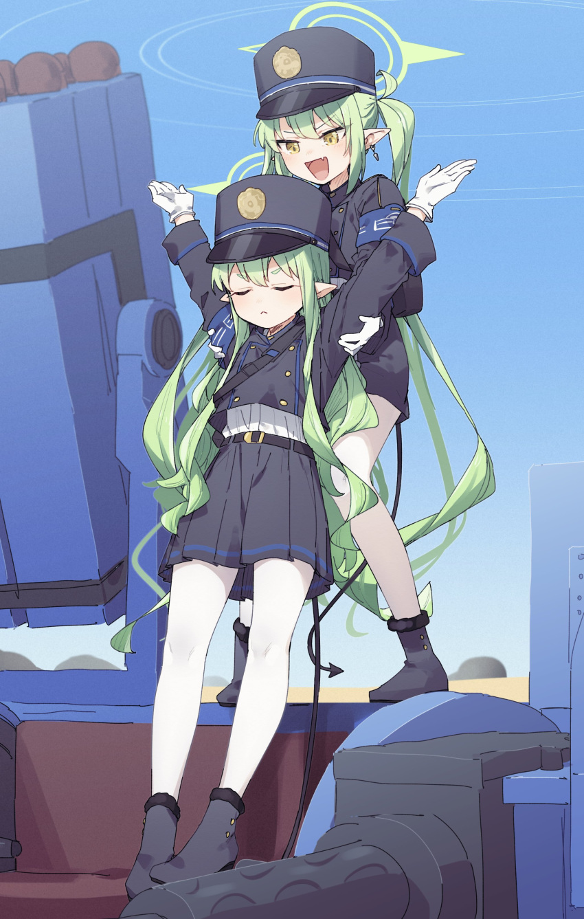 2girls absurdres armband arms_up black_hat black_tail blue_archive blue_armband buttons closed_eyes commentary demon_tail double-breasted fang full_body gloves green_hair green_halo halo hat highres hikari_(blue_archive) lifting_person long_hair missile_pod multiple_girls nozomi_(blue_archive) pantyhose peaked_cap pleated_skirt pointy_ears siblings skin_fang skirt standing tail train_conductor twins twintails white_gloves white_pantyhose yukie_(kusaka_shi)