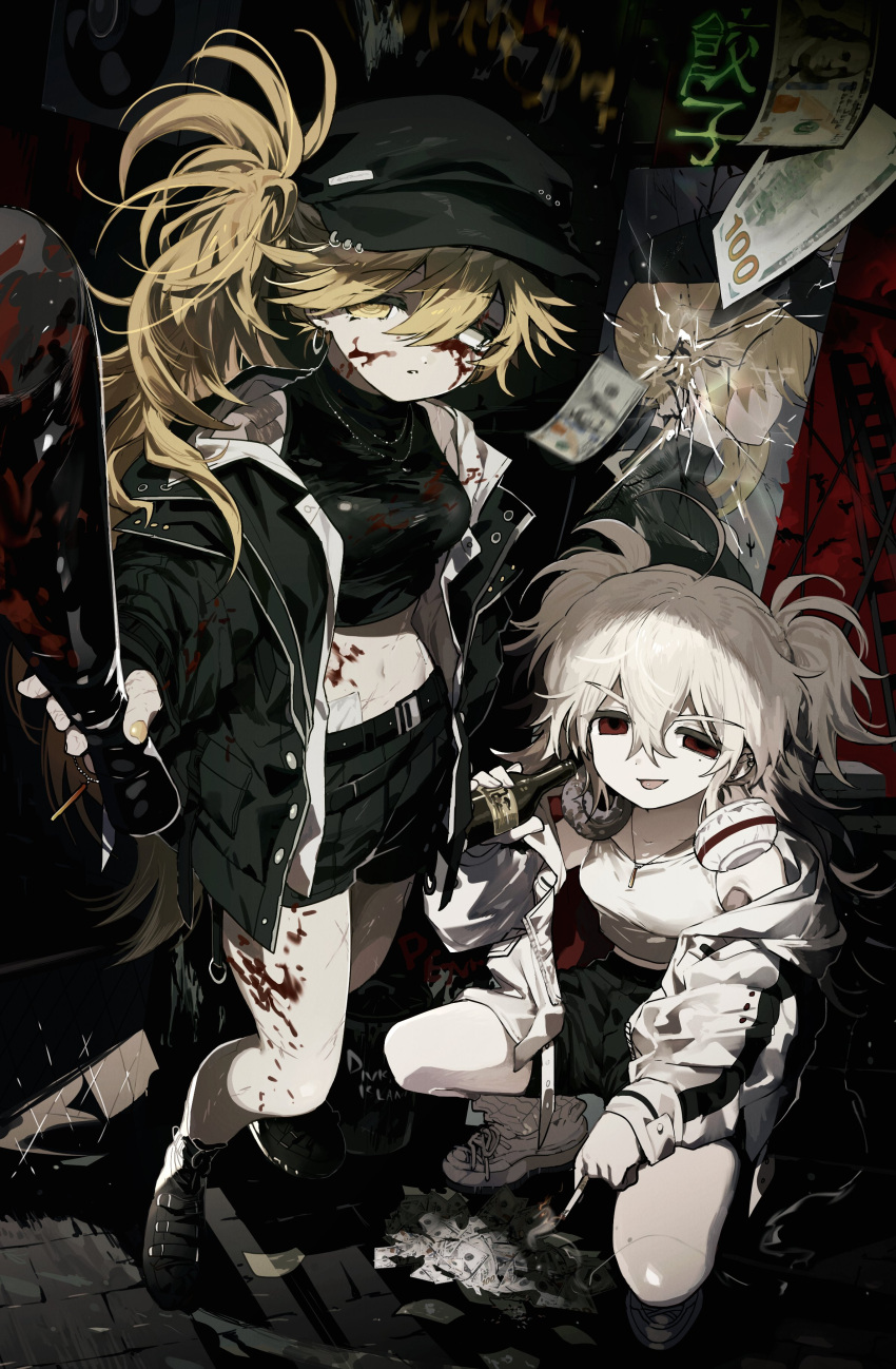 2girls absurdres banknote baseball_bat belt black_belt black_footwear black_hat black_jacket black_shirt black_shorts blonde_hair blood blood_on_clothes blood_on_weapon boots breasts broken_mirror cabbie_hat cigarette commission cropped_shirt delinquent dollar_bill hat headphones highres holding holding_baseball_bat holding_cigarette jacket jewelry jihecchi large_breasts long_hair long_sleeves midriff mirror money multiple_girls necklace original red_eyes shirt short_twintails shorts side_ponytail sitting sleeveless sleeveless_shirt smoke squatting tongue tongue_out twintails weapon white_hair white_jacket white_shirt yellow_eyes