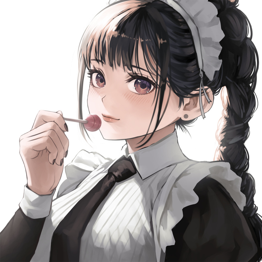 1girl black_dress black_nails black_necktie blush braid breasts brown_eyes candy closed_mouth dress earrings food hand_up highres holding holding_candy holding_food holding_lollipop jchoy jewelry juliet_sleeves lollipop long_hair long_sleeves looking_at_viewer maid maid_headdress medium_breasts nail_polish necktie original puffy_sleeves simple_background smile solo stud_earrings white_background