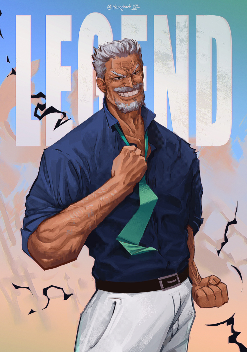 1boy absurdres artist_name beard black_eyes blue_shirt clenched_hands commentary english_commentary english_text facial_hair green_necktie grey_hair highres male_focus monkey_d._garp mustache necktie one_piece scar scar_on_cheek scar_on_face shirt short_hair signature smile solo teeth yarogh