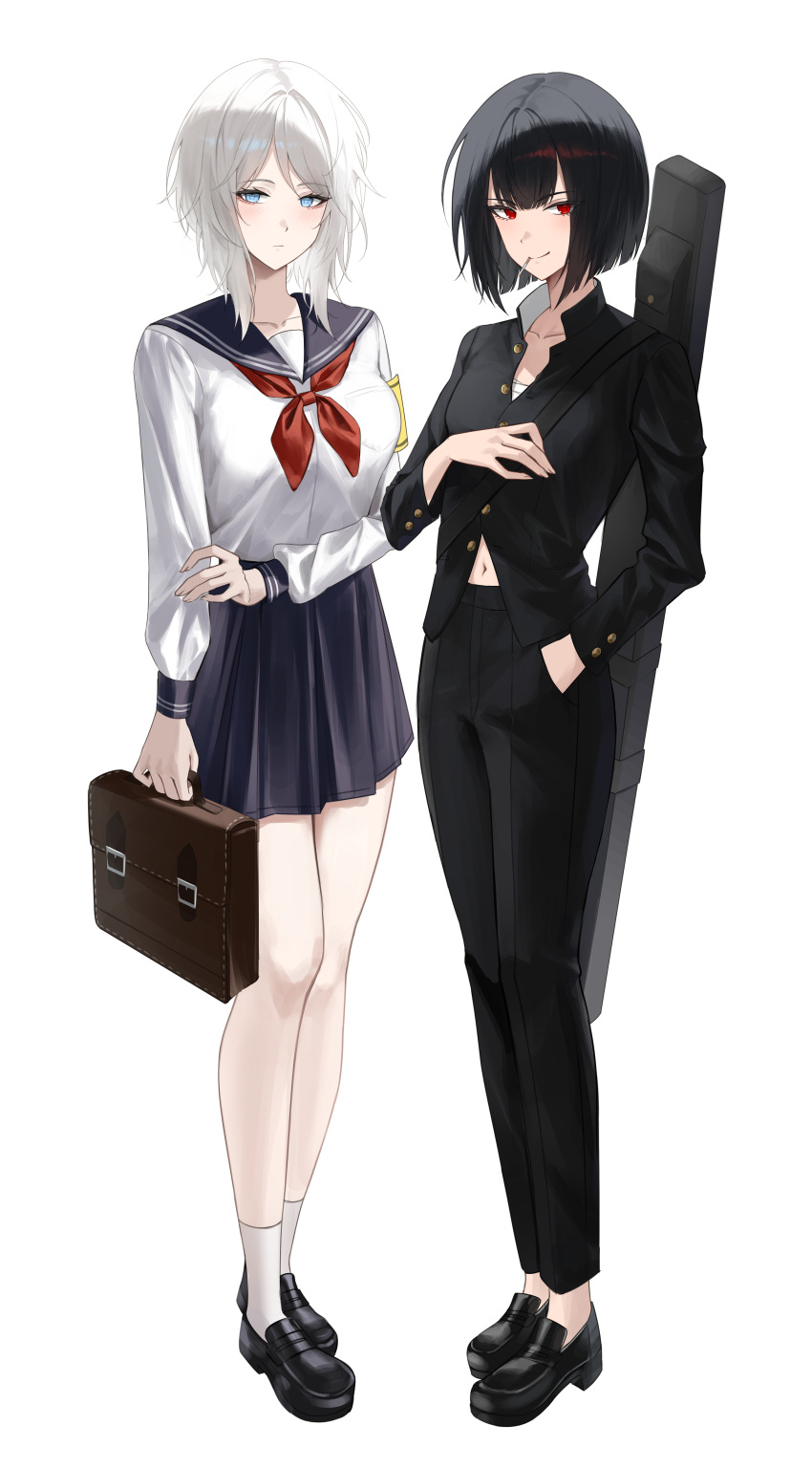 2girls absurdres black_hair black_pants black_suit blue_eyes blue_skirt briefcase eonyan_(chaeyang) faust_(project_moon) full_body grey_hair highres limbus_company multiple_girls navel pants partially_unbuttoned project_moon red_eyes ryoshu_(project_moon) sailor_collar school_briefcase school_uniform simple_background skirt suit sword weapon white_background white_hair