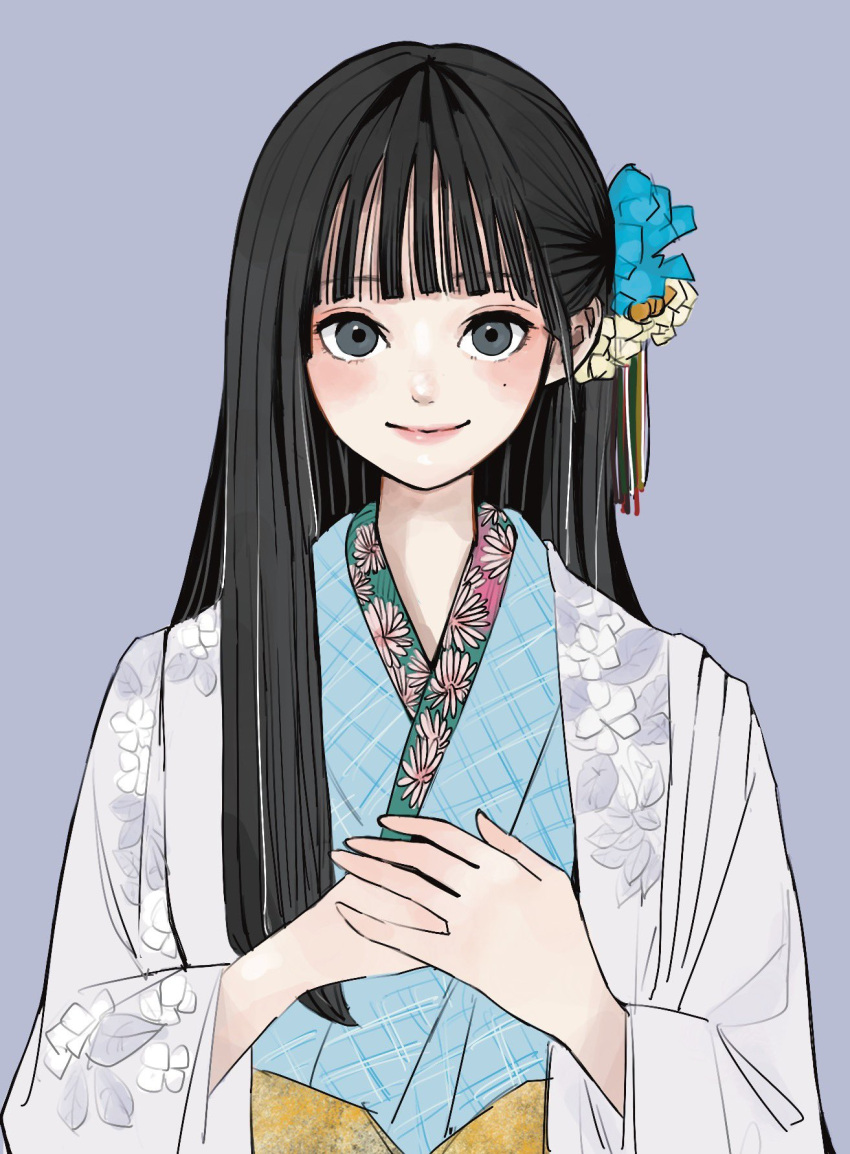 1girl awatsu_mai black_eyes black_hair blue_flower blue_kimono blunt_bangs closed_mouth commentary_request floral_print flower grey_background hair_flower hair_ornament hands_up haori highres japanese_clothes kimono long_hair long_sleeves looking_at_viewer mole mole_under_eye own_hands_together print_kimono real_life sally_(allogkk) simple_background single_sidelock smile solo upper_body white_flower wide_sleeves