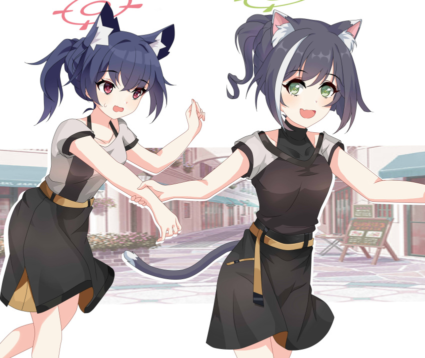 2girls :d absurdres alternate_costume alternate_hairstyle animal_ear_fluff animal_ears belt black_hair black_skirt blue_archive casual cat_ears cat_girl cat_tail collarbone commentary crossover english_commentary green_eyes hair_between_eyes halo highres holding_hands karyl_(princess_connect!) long_hair looking_at_another maxwelzy multicolored_hair multiple_girls ponytail princess_connect! red_eyes running serika_(blue_archive) short_sleeves sidelocks skirt smile streaked_hair sweatdrop tail