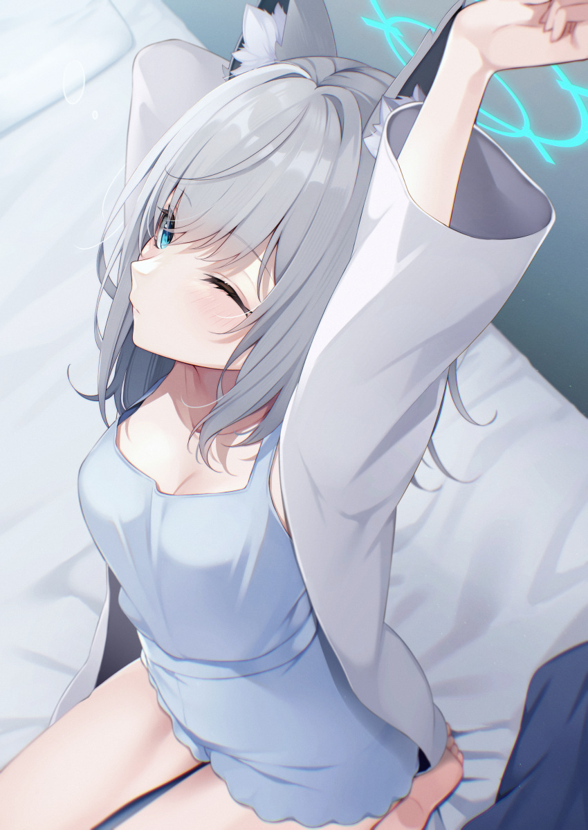 1girl absurdres animal_ear_fluff animal_ears arm_up armpits barefoot bed_sheet blue_archive blue_camisole blue_eyes blue_halo breasts camisole cardigan commentary_request from_above grey_cardigan grey_hair halo highres making-of_available medium_breasts medium_hair official_alternate_costume on_bed one_eye_closed outstretched_arm sasakichi_(ssk_chi) shiroko_(blue_archive) sitting solo variant_set waking_up wolf_ears