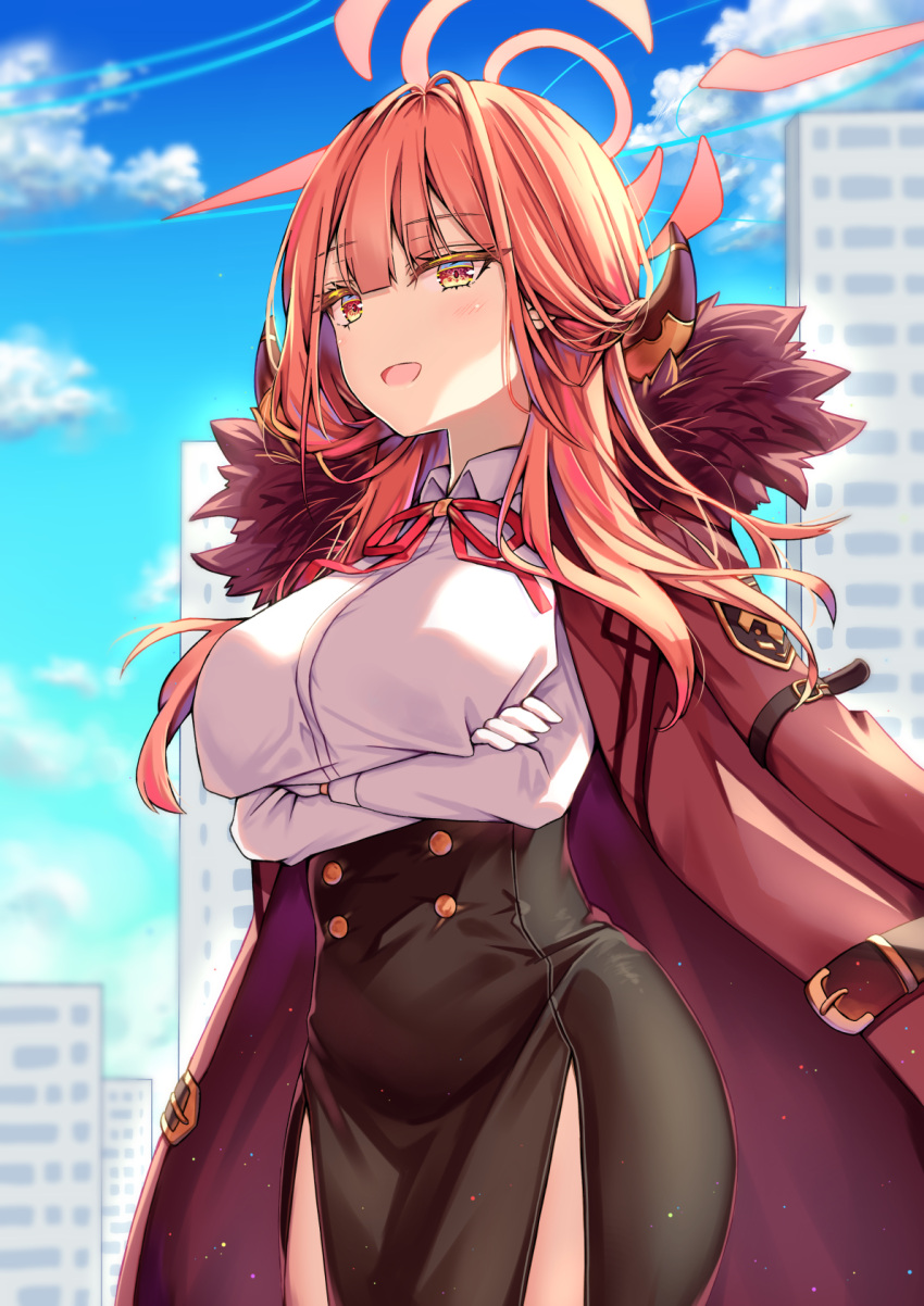 1girl :d aru_(blue_archive) black_skirt blue_archive blue_sky blunt_bangs blurry bow bowtie breasts brown_coat building clouds cloudy_sky coat coat_on_shoulders collared_shirt commentary_request crossed_arms demon_girl demon_horns depth_of_field fur-trimmed_coat fur_trim gloves halo high-waist_skirt highres horns large_breasts long_hair long_sleeves looking_at_viewer natie open_clothes open_coat orange_eyes outdoors pencil_skirt red_bow red_bowtie redhead school_uniform shirt side_slit sidelocks skirt sky skyscraper smile solo white_gloves white_shirt