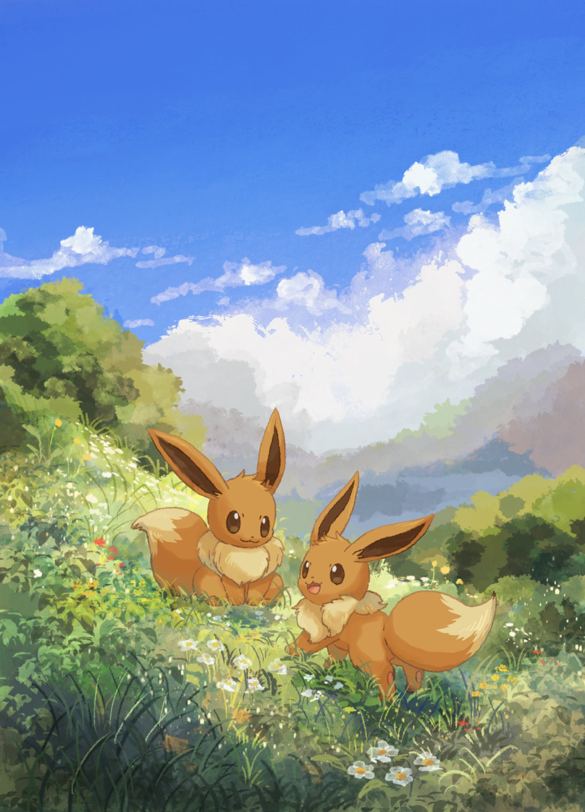 animal_focus blue_sky brown_fur clouds cloudy_sky day eevee flower grass highres looking_at_another no_humans on_grass open_mouth pokemon pokemon_(creature) sitting sky smile volpecorvo