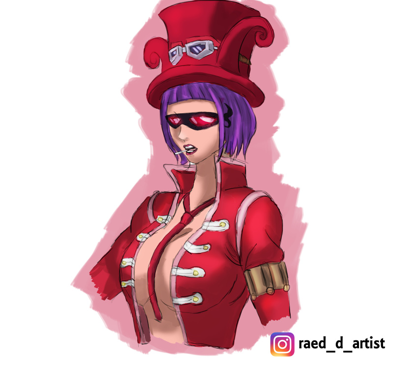 1girl absurdres armlet belo_betty blunt_bangs bob_cut cigarette cropped_jacket cropped_torso english_commentary goggles goggles_on_headwear hat highres instagram_logo instagram_username jacket necktie one_piece open_clothes open_jacket pink_lips purple_hair raed_d_artist red-tinted_eyewear red_hat red_jacket red_necktie short_hair solo sunglasses tinted_eyewear