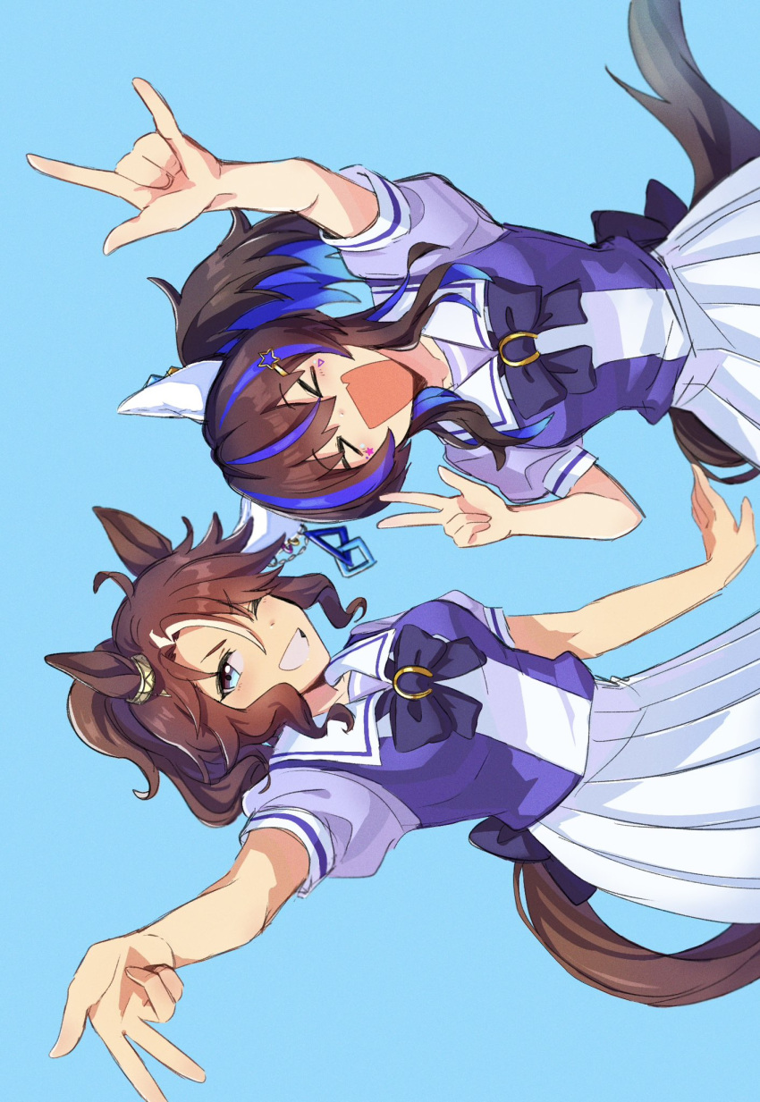&gt;_&lt; 2girls \m/ animal_ears blue_background blue_hair blush bow bowtie breasts brown_hair daitaku_helios_(umamusume) ear_covers ear_ornament facing_viewer fang grin highres horse_ears horse_girl horse_tail kashu_ri looking_at_viewer mejiro_palmer_(umamusume) multicolored_hair multiple_girls one_eye_closed open_mouth outstretched_arm purple_shirt reaching reaching_towards_viewer sailor_collar school_uniform shirt short_sleeves side_ponytail sideways simple_background skin_fang skirt small_breasts smile tail tracen_school_uniform two-tone_hair umamusume upper_body v-shaped_eyebrows w white_skirt