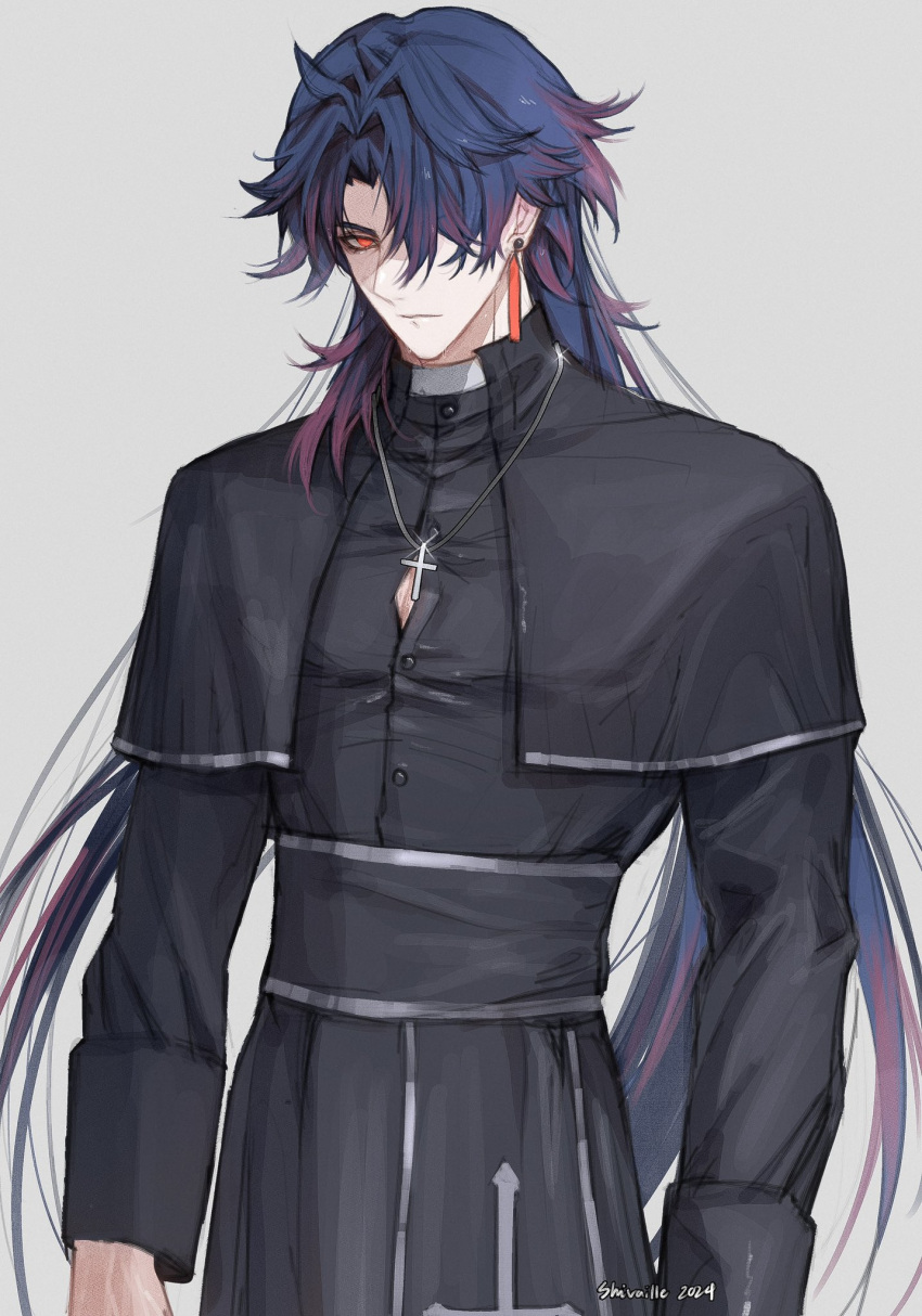 1boy arms_at_sides artist_name black_capelet blade_(honkai:_star_rail) blue_hair button_gap buttons capelet cassock closed_mouth commentary cross cross_necklace curtained_hair dark_blue_hair dated earrings english_commentary gradient_hair grey_background hair_intakes hair_over_one_eye highres honkai:_star_rail honkai_(series) jewelry long_hair long_sleeves looking_at_viewer male_focus multicolored_hair necklace one_eye_covered parted_bangs priest red_eyes redhead serious shivaille simple_background solo sparkle standing very_long_hair