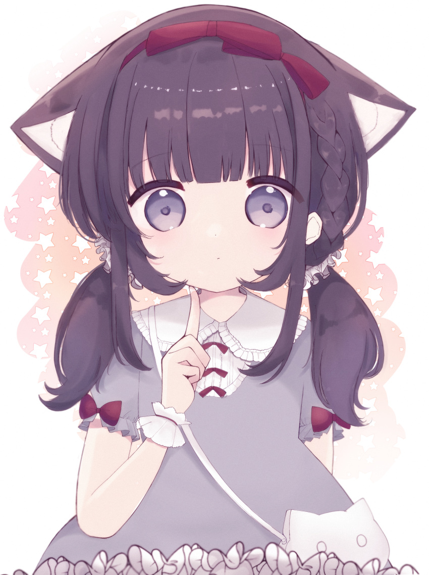1girl absurdres animal_bag animal_ear_fluff animal_ears bag bow_hairband brown_hair cat_bag cat_ears cat_girl commentary dress expressionless future_c0v0c hair_ornament hair_scrunchie hairband highres index_finger_raised long_hair low_twintails original scrunchie short_sleeves shoulder_bag sleeve_bow solo symbol-only_commentary twintails violet_eyes wrist_cuffs