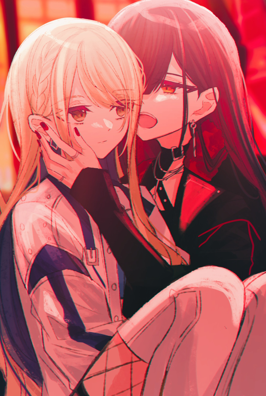2girls absurdres azusawa_kohane black_hair black_jacket blonde_hair braid closed_mouth commentary earrings english_commentary fishnets highres jacket jewelry long_hair long_sleeves multiple_girls multiple_rings nail_polish open_mouth project_sekai red_eyes red_nails ring ritzchrono shiraishi_an side_braid teeth upper_body upper_teeth_only whip_the_wimp_girl!!_(project_sekai) white_jacket yuri