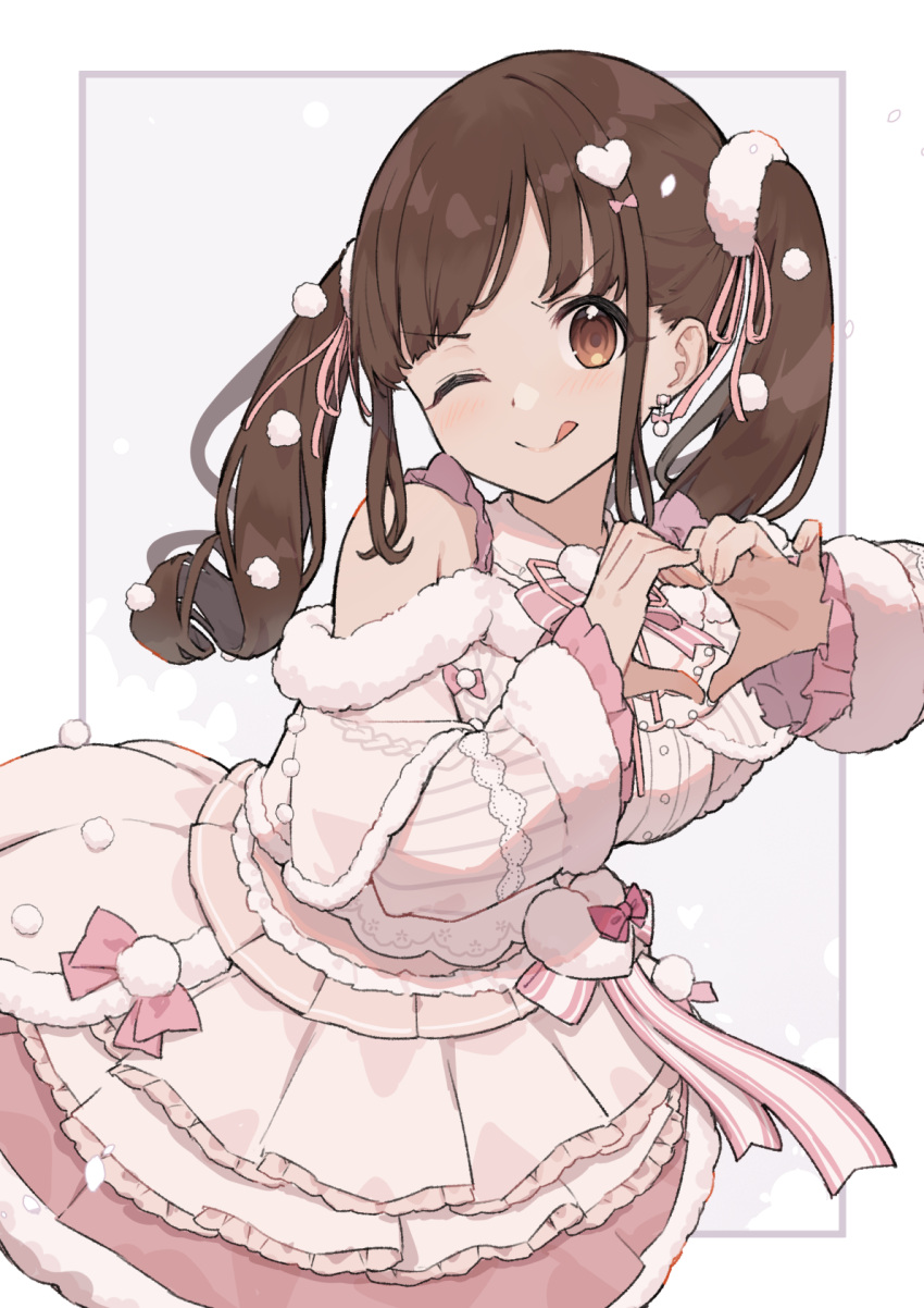 1girl ;q blush brown_hair clothing_cutout fur-trimmed_shirt fur_trim hair_ornament hair_ribbon heart heart_hands highres idolmaster idolmaster_shiny_colors kemololi layered_skirt looking_at_viewer one_eye_closed pom_pom_(clothes) pom_pom_hair_ornament ribbon shirt shoulder_cutout skirt smile solo sonoda_chiyoko tongue tongue_out twintails white_shirt white_skirt