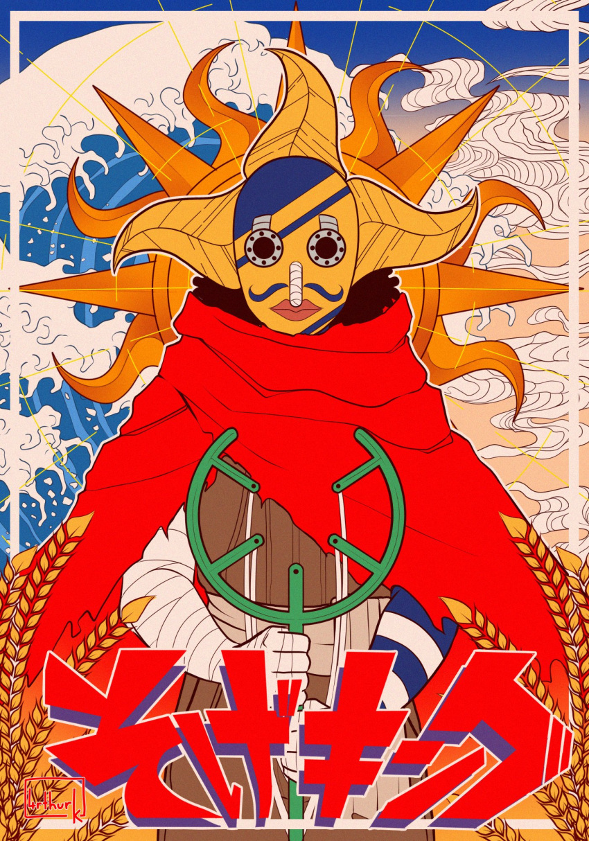1boy 4rthur_k afro bandages black_hair cape highres holding holding_weapon lips long_nose male_focus mask official_alternate_costume one_piece red_cape slingshot_(weapon) sogeking solo straight-on sun_symbol translation_request weapon
