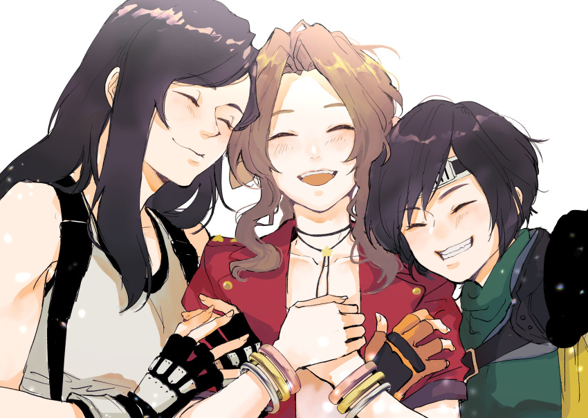 3girls aerith_gainsborough armor black_gloves black_hair blush brown_hair closed_eyes closed_mouth commentary_request cropped_jacket demi_co final_fantasy final_fantasy_vii final_fantasy_vii_rebirth final_fantasy_vii_remake fingerless_gloves gloves grin highres jacket jewelry long_hair multiple_girls open_mouth orange_gloves parted_bangs pauldrons red_jacket short_hair shoulder_armor simple_background single_pauldron smile tank_top teeth tifa_lockhart upper_teeth_only white_background white_tank_top yuffie_kisaragi