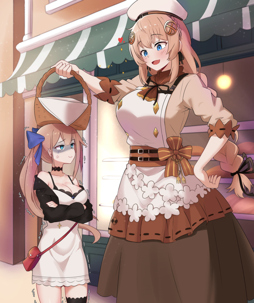 2girls amogan angry apron blonde_hair blue_eyes blush breasts commission fal_(girls'_frontline) fnc_(girls'_frontline) giant giantess girls_frontline hair_ribbon hat highres large_breasts long_hair multiple_girls pixiv_commission ribbon shaded_face skirt smile tall_female trembling