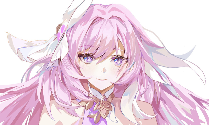 1girl ashi_(dongshi389) bow elysia_(herrscher_of_human:ego)_(honkai_impact) elysia_(honkai_impact) gold_choker hair_bow highres honkai_(series) honkai_impact_3rd long_hair looking_at_viewer pink_eyes pink_hair portrait sidelocks simple_background solo very_long_hair white_background white_bow
