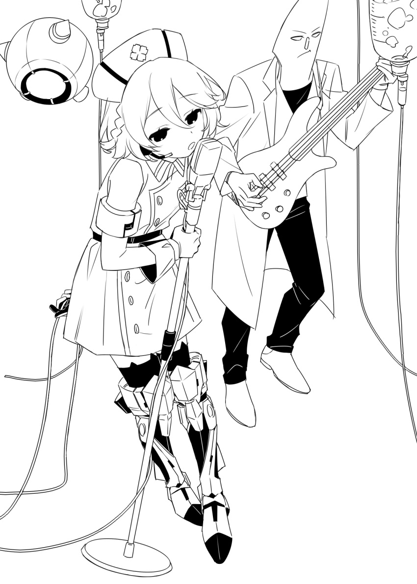 1boy 1girl arm_behind_back armlet belt blank_eyes boots braid cable closed_mouth coat collared_dress commentary_request dress drone full_body gloves greyscale guitar half-closed_eyes hat highres holding holding_cable holding_guitar holding_instrument holding_microphone_stand instrument intravenous_drip kawasaki_(5s5_g) kenzaki_mesuo knee_boots lab_coat leaning_forward looking_at_viewer mechanical_boots microphone_stand monochrome music nurse_cap nurse_robot_type_t object_head open_clothes open_coat open_mouth pants playing_instrument shirt shoes short_dress short_hair side_braid simple_background singing sleeveless sleeveless_dress standing thigh-highs utau voicevox
