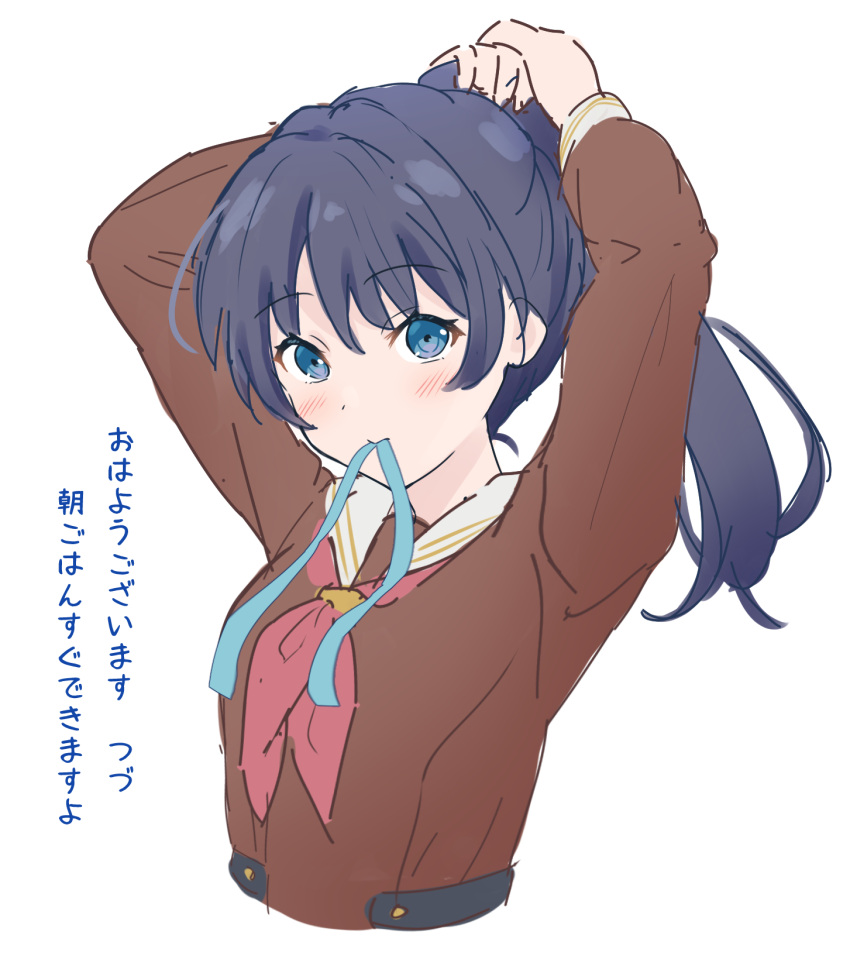 1girl arms_up blue_eyes blue_hair blue_ribbon blush brown_dress commentary_request cropped_torso dark_blue_hair dress hasu_no_sora_school_uniform high_ponytail highres link!_like!_love_live! lone_nape_hair long_hair long_sleeves looking_at_viewer love_live! mole mole_on_neck mouth_hold murano_sayaka neckerchief no_cardigan red_neckerchief ribbon sailor_collar sailor_dress school_uniform simple_background solo translation_request tying_hair virtual_youtuber white_background white_sailor_collar winter_uniform yutuki_ame