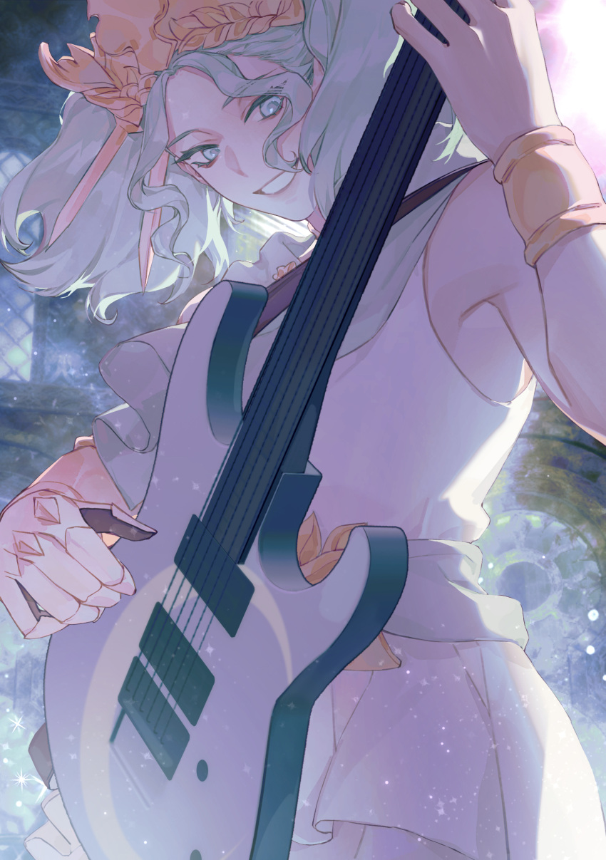 1girl blue_eyes blue_hair bracelet chinese_commentary commentary_request cowboy_shot diadem dress electric_guitar final_fantasy final_fantasy_xiv from_below grin guitar hand_up highres instrument jewelry looking_down menphina music playing_instrument short_hair short_twintails sleeveless sleeveless_dress smile solo twintails white_dress wo_dou_gao_shi'er_shennu