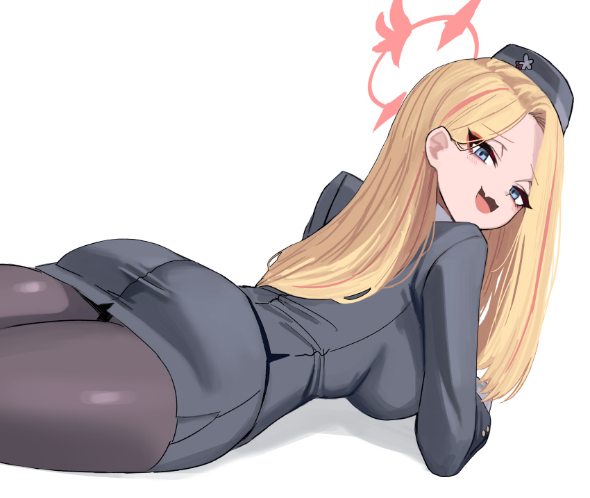 1girl absurdres ass black_hat blonde_hair blue_archive blue_eyes breasts collared_shirt dndosld73832 fang gloves hair_down halo hat highres large_breasts long_hair long_sleeves looking_at_viewer multicolored_hair official_alternate_costume official_alternate_hairstyle open_mouth pantyhose pina_(blue_archive) pina_(guide)_(blue_archive) red_halo redhead shirt skin_fang skirt smile solo streaked_hair white_gloves