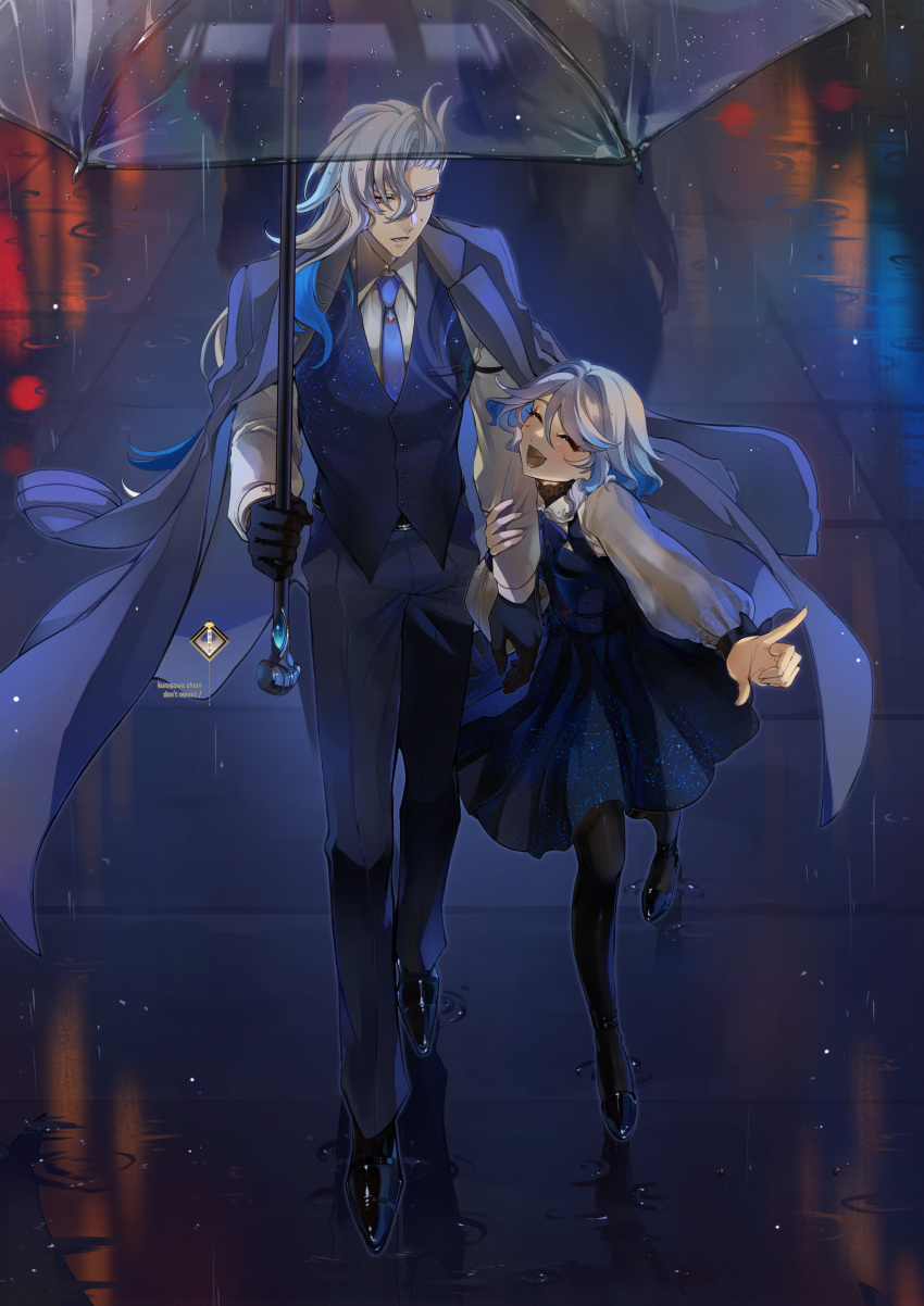 1boy 1girl ^_^ absurdres alternate_costume blouse blue_hair closed_eyes coat coat_on_shoulders collared_shirt dress english_commentary facing_another formal full_body furina_(genshin_impact) genshin_impact gloves grey_hair hair_between_eyes hair_intakes hand_on_another's_arm happy height_difference highres holding holding_another's_arm holding_umbrella kurogawa_shion long_hair long_sleeves looking_at_another multicolored_hair necktie neuvillette_(genshin_impact) open_mouth outdoors pants pantyhose pointing pointing_forward print_dress print_vest puddle puffy_long_sleeves puffy_sleeves rain reflective_floor shirt shoes side-by-side smile starry_sky_print suit transparent transparent_umbrella umbrella very_long_hair vest walking wing_collar