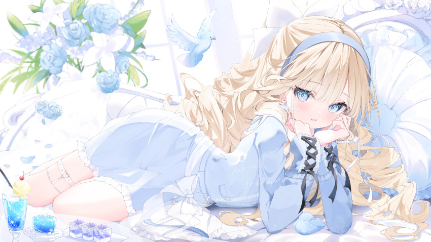 1girl absurdres arm_rest backlighting bird blonde_hair blue_dress blue_eyes blue_flower blue_rose blunt_bangs blush bow commentary commission dove dress drill_hair english_text falling_petals flower food frills full_body hair_bow hairband highres ice_cream indie_virtual_youtuber large_bow long_hair looking_at_viewer lying okomeillust on_bed on_side parted_lips petals pillow rose smile solo sundae sunlight symbol-only_commentary tallemi_ella thank_you thigh_strap twitter_username virtual_youtuber