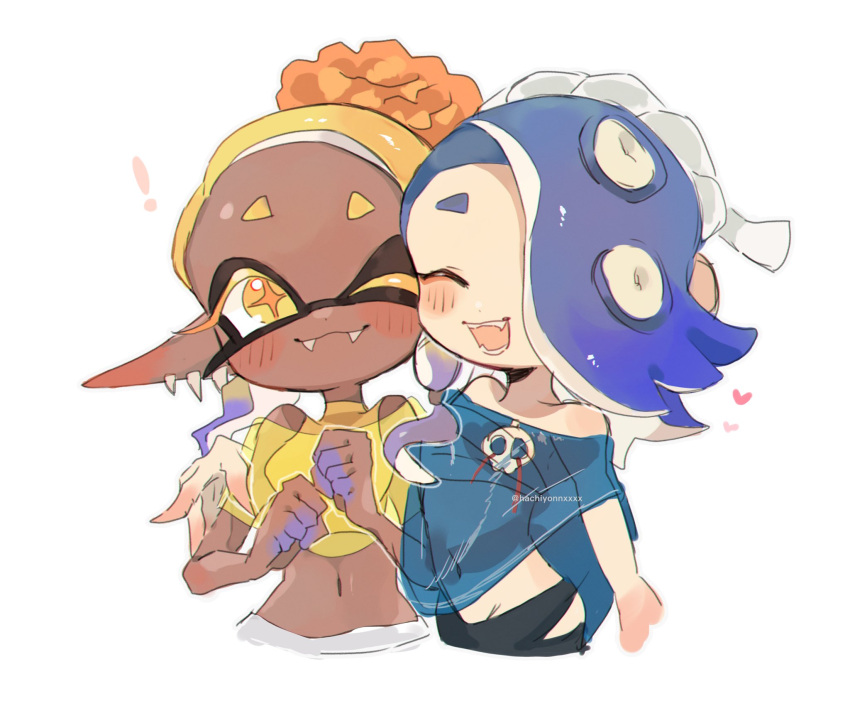! 2girls :3 bare_shoulders black_pants blonde_hair blue_hair blue_shawl blush_stickers chest_sarashi clenched_hands closed_eyes closed_mouth colored_eyelashes commentary_request crop_top cropped_legs dark-skinned_female dark_skin earrings fangs frye_(splatoon) gradient_hair hachimaki hair_over_one_eye hand_on_another's_arm headband heart highres inkling jewelry long_hair midriff multicolored_hair multiple_earrings multiple_girls navel nejiri_hachimaki octoling one_eye_closed one_eye_covered open_mouth orange_pupils pants piyomaru_(hachiyonnxxxx) pointy_ears purple_hair sarashi see-through_shawl shawl shirt shiver_(splatoon) short_eyebrows simple_background smile splatoon_(series) splatoon_3 star-shaped_pupils star_(symbol) suction_cups symbol-shaped_pupils tentacle_hair tooth_earrings torn_clothes torn_pants twitter_username two-tone_hair white_background yellow_eyes yellow_shawl yellow_shirt