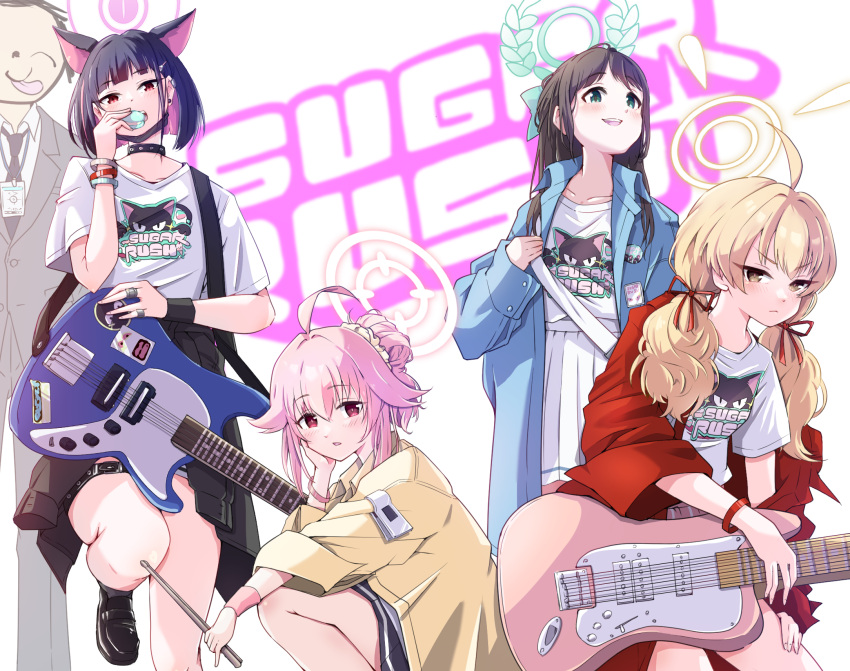 1boy 4girls ahoge airi_(band)_(blue_archive) airi_(blue_archive) animal_ears black_choker black_hair black_jacket black_mask black_skirt blonde_hair blue_archive blue_jacket blush cat_ears choker closed_mouth clothes_around_waist collarbone colored_inner_hair doodle_sensei_(blue_archive) drumsticks electric_guitar extra_ears green_eyes green_halo guitar halo highres holding holding_drumsticks instrument jacket jacket_around_waist kazusa_(band)_(blue_archive) kazusa_(blue_archive) long_hair looking_at_viewer low_twintails mask mask_pull mosuke1221 mouth_mask multicolored_hair multiple_girls natsu_(band)_(blue_archive) natsu_(blue_archive) official_alternate_costume open_mouth pink_hair pink_halo pleated_skirt red_eyes red_jacket sensei_(blue_archive) shirt short_hair short_sleeves skirt smile twintails white_shirt white_skirt yellow_eyes yellow_halo yellow_jacket yoshimi_(band)_(blue_archive) yoshimi_(blue_archive)