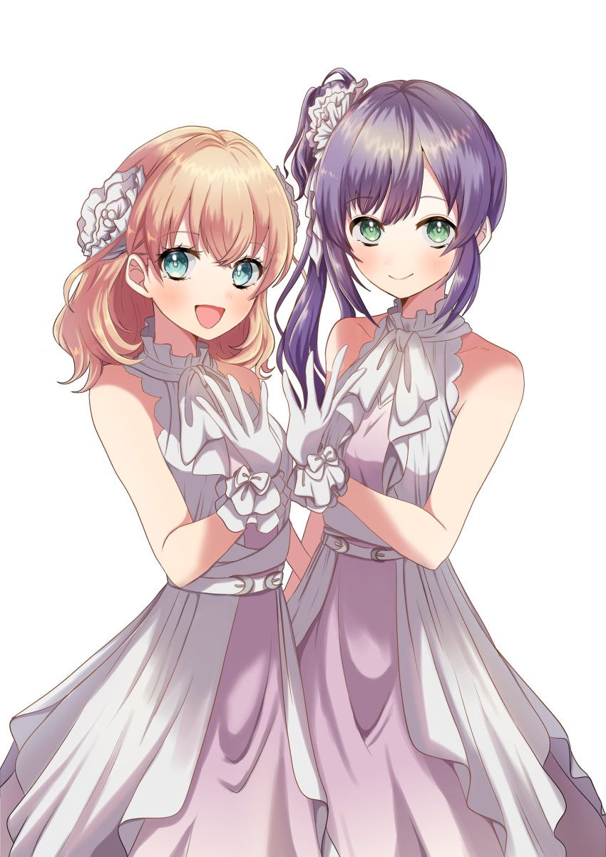 2girls :d aqua_eyes closed_mouth commentary_request cowboy_shot crossed_bangs dress frilled_dress frilled_gloves frills gloves green_eyes highres hinoshita_kaho layered_dress link!_like!_love_live! link_to_the_future_(love_live!) long_hair looking_at_viewer love_live! medium_hair multiple_girls natsu_(natsukikenken) open_mouth orange_hair otomune_kozue pink_dress purple_hair side_ponytail sidelocks simple_background sleeveless sleeveless_dress smile two-tone_dress two_side_up virtual_youtuber white_background white_dress white_gloves