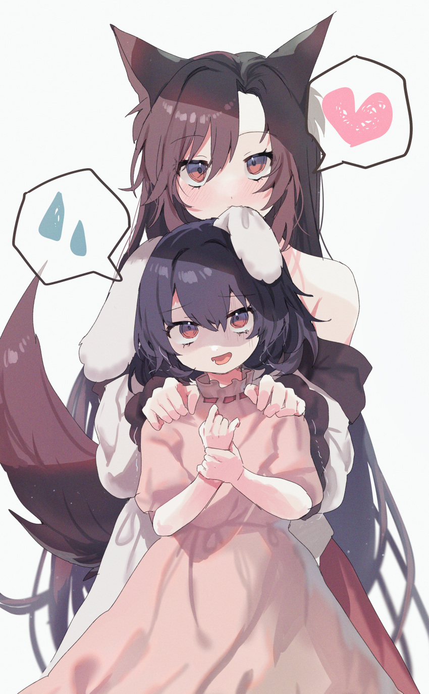 2girls absurdres animal_ears biting black_hair brown_eyes brown_hair dress ear_biting hands_on_another's_shoulders haruwaka_064 heart highres imaizumi_kagerou inaba_tewi multiple_girls pink_dress rabbit_ears rabbit_girl speech_bubble spoken_heart tail touhou white_background wolf_ears wolf_girl wolf_tail