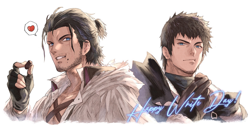 2boys ardbert_hylfyst beard_stubble blue_eyes chest_harness chocolate cropped_shoulders eating facial_hair final_fantasy final_fantasy_xvi harness highres hyur looking_at_viewer male_focus mature_male medium_hair multiple_boys mustache_stubble pectoral_cleavage pectorals scar scar_across_eye stubble thick_eyebrows upper_body viper_(final_fantasy) white_day zanki