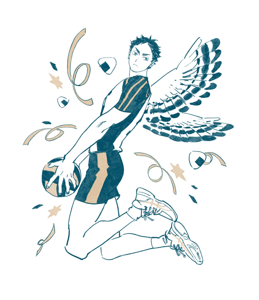 1boy akaashi_keiji ball bird_wings blue_eyes chengongzi123 closed_mouth commentary confetti feathered_wings flying food full_body haikyuu!! highres holding holding_ball limited_palette looking_at_viewer male_focus onigiri shirt shoes short_hair short_sleeves shorts simple_background sneakers sportswear symbol-only_commentary very_short_hair volleyball volleyball_uniform white_background wings