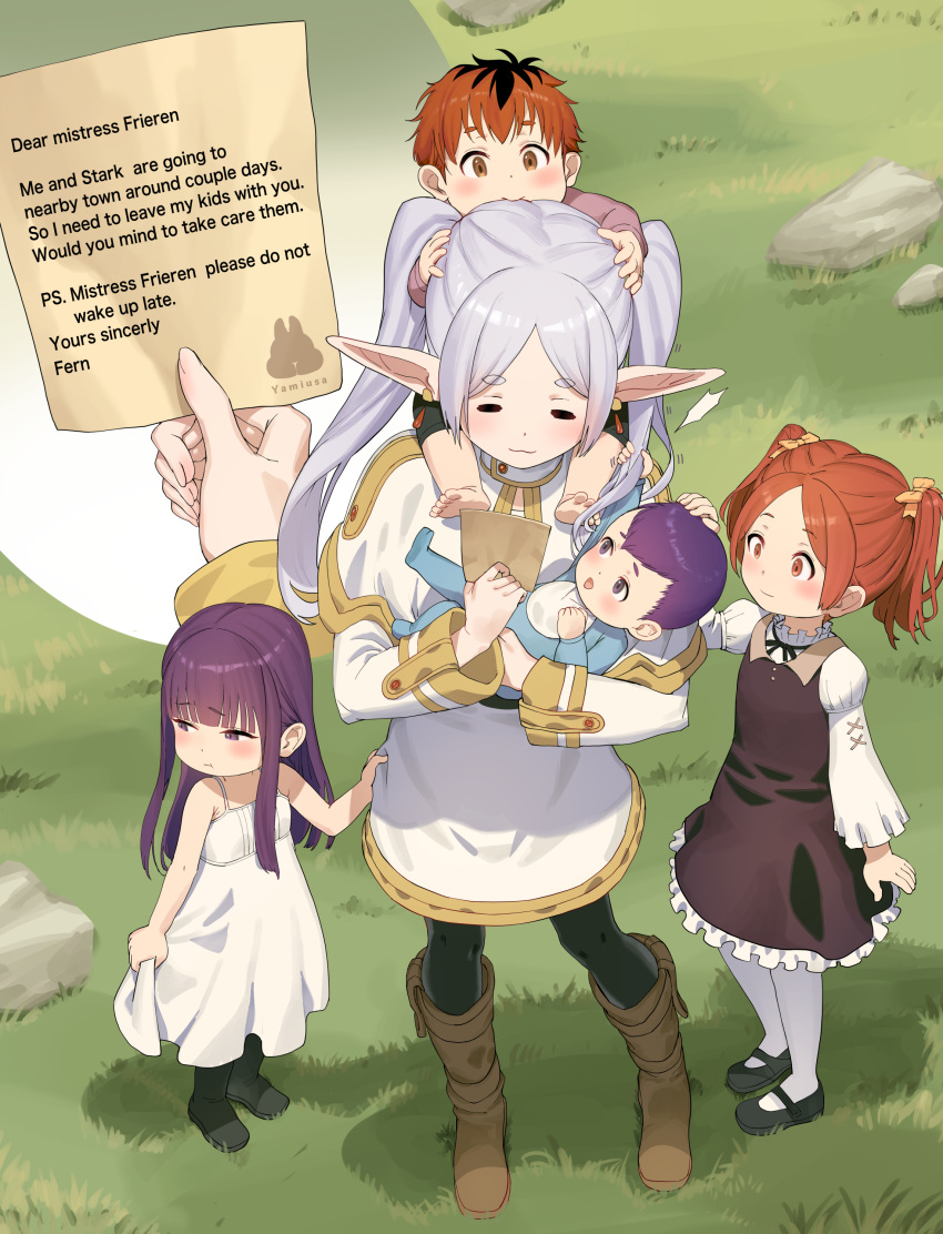 2boys 3girls =_= absurdres artist_logo artist_name baby blush boots capelet dress elf english_text frieren hand_on_another's_head highres holding holding_baby holding_paper long_hair looking_at_another multiple_boys multiple_girls note pantyhose paper pointy_ears purple_hair redhead short_hair sinad_aruatjanapat sousou_no_frieren standing twintails white_hair